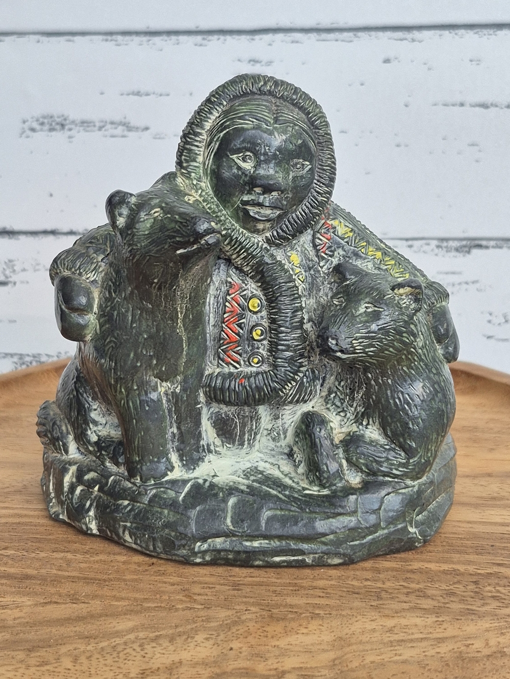 Vintage A Wolf Original Inuit Figure with Husky Sled Dogs Soapstone Look Art